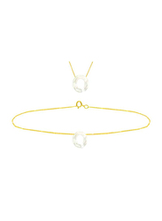 Vera Perla 2-Pieces 18k Yellow Gold O Letter Jewellery Set for Women, with Necklace and Earrings, with Mother of Pearl Stone, Gold/White