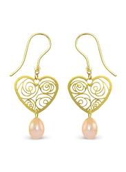 Vera Perla 18K Solid Yellow Gold Heart Dangle Earrings for Women, with 7mm Drop Pearl Stone, Rose Gold/Gold