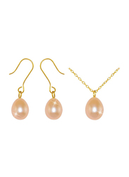 Vera Perla 2-Pieces 18K Gold Pearl Pendant Necklace for Women, with Earrings, with 7mm Pearl Stone, Gold/Beige