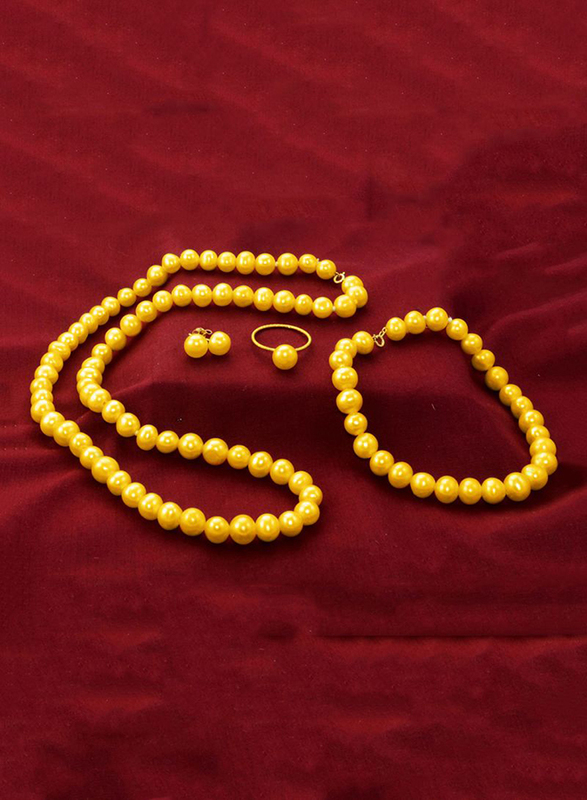 Vera Perla 4-Pieces 18K Gold Strand Jewellery Set for Women, with Pearls Stone, Necklace, Bracelet, Earrings and Ring, Gold