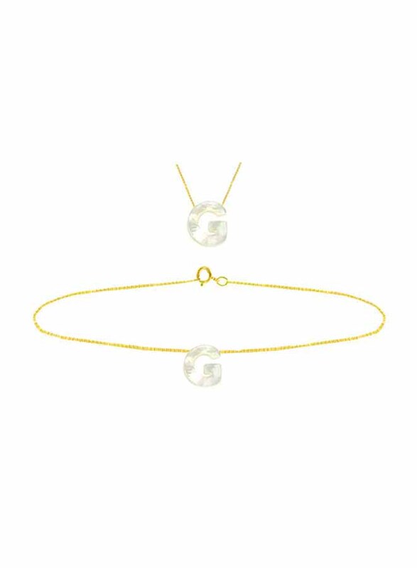 Vera Perla 2-Pieces 18k Yellow Gold G Letter Jewellery Set for Women, with Necklace and Earrings, with Mother of Pearl Stone, Gold/White