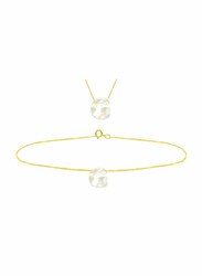 Vera Perla 2-Pieces 18k Yellow Gold G Letter Jewellery Set for Women, with Necklace and Earrings, with Mother of Pearl Stone, Gold/White