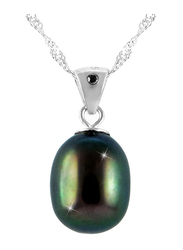 Vera Perla 925 Sterling Silver Pendant Necklace for Women, with Diamond & Pearl Stone, Silver/Black