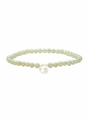 Vera Perla Elastic Stretch Bracelet for Women, with Letter G Mother of Pearl and Pearl Stone, White
