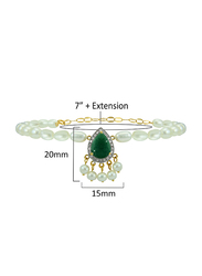 Vera Perla Aishwariya 18K Gold Beaded Bracelet for Women with 0.12ct Diamonds and 10mm Emerald Stone, White