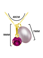 Vera Perla 18K Solid Yellow Gold Necklace for Women, with Zircon and 7 mm Pearl Stone Pendant, Pink/Gold/Purple