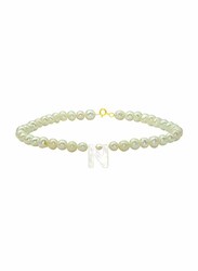 Vera Perla 10K Gold Strand Beaded Bracelet for Women, with Letter N Mother of Pearl and Pearl Stone, White