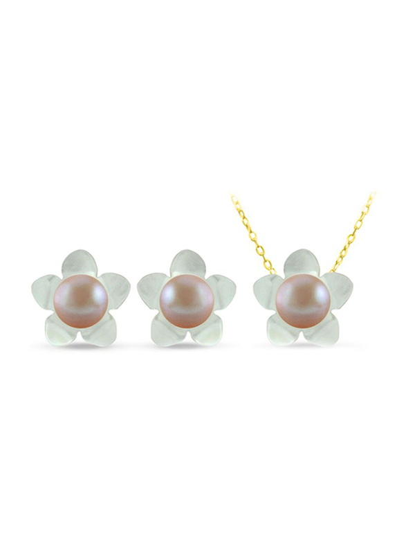 Vera Perla 3-Pieces 18k Solid Yellow Gold Jewellery Set for Women, with Necklace, Bracelet and Earrings, with 13mm Mother of Pearl Flower Shape and 7mm Pearl, White/Purple