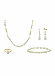 Vera Perla 4-Pieces 18K Gold Strand Jewellery Set for Women, with Necklace, Bracelet, Stud Earrings and Ring, with Pearl Stones, White