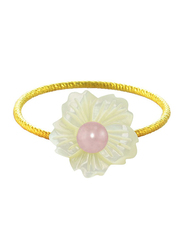Vera Perla 18k Solid Yellow Gold Fashion Ring for Women, with 19mm Flower Shape Mother of Pearl and 6-7mm Pearl Stone, White/Gold/Pink, US 6