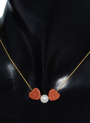 Vera Perla 18K Gold Chain Necklace for Women, with Heart Sunstones & Pearl Stone, Red/Gold/White
