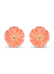 Vera Perla 18K Gold Stud Earrings for, with Women Flower Shell and9mm Pearls Stone, Peach/Gold