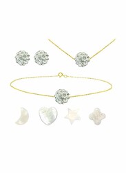 Vera Perla 3-Pieces 10k Solid Yellow Gold Jewellery Set and 4-Pieces Charm Set for Women, with Necklace, Bracelet and Earrings, with 10mm Crystal Ball Stone, Gold/Clear