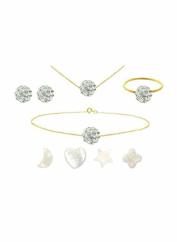 Vera Perla 4-Pieces 10k Solid Yellow Gold Jewellery Set and 4-Pieces Charm Set for Women, with 10mm Crystal Ball Stone, Gold/Clear