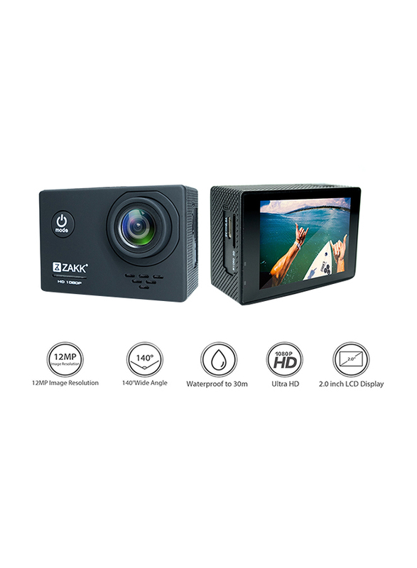 Zakk Rush 1080p Action Camera with Accessories, 12 MP, Black