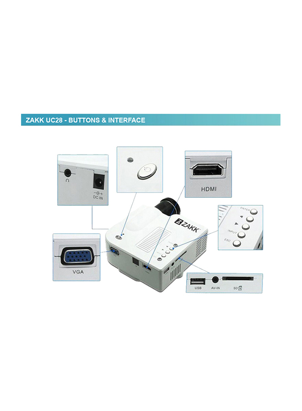 Zakk UC28 Pro HD LED Mini Portable Home Cinema Theatre Projector, 48 Lumens, White