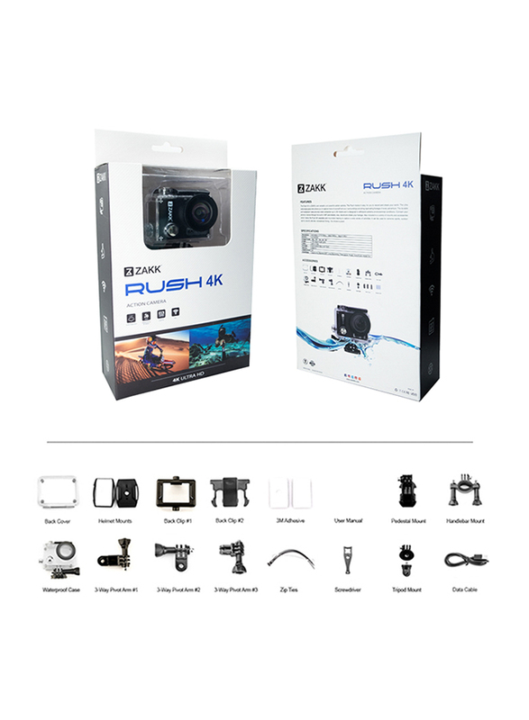 Zakk Rush 4K Action Camera with Accessories, 16 MP, Black