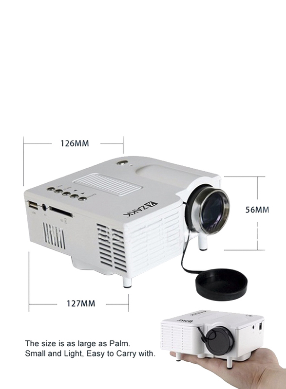 Zakk UC28 Pro HD LED Mini Portable Home Cinema Theatre Projector, 48 Lumens, White
