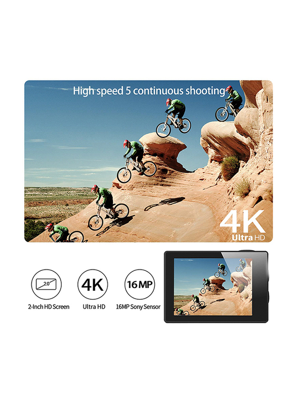 Zakk Rush 4K Action Camera with Accessories, 16 MP, Black