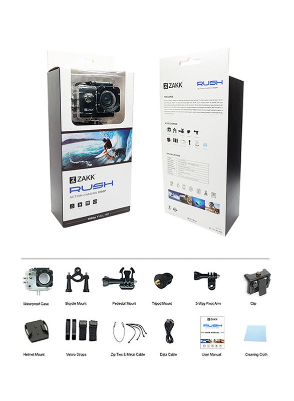 Zakk Rush 1080p Action Camera with Accessories, 12 MP, Black