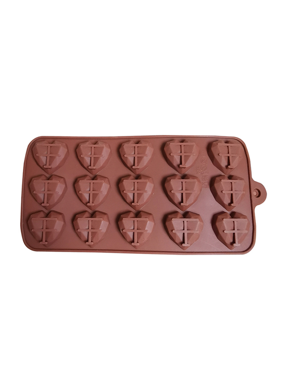 21cm Silicone 15 Cavities 3D Love Diamond Heart Shape Cup Cake Mould, 21 x 10.5 x 2cm, Dark Brown
