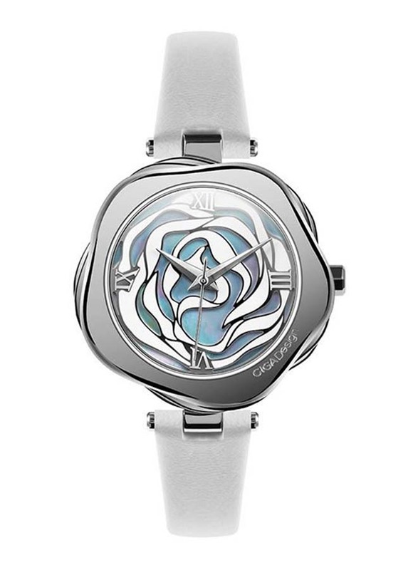 CIGA Design R Series Danish Rose Analog Quartz Watch for Women with Leather Band, Water Resistant, R012-SISI-W1, White-Silver