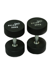 Beast Fitness Round Rubber Dumbbell Set, 2 x 20KG, Black/Silver