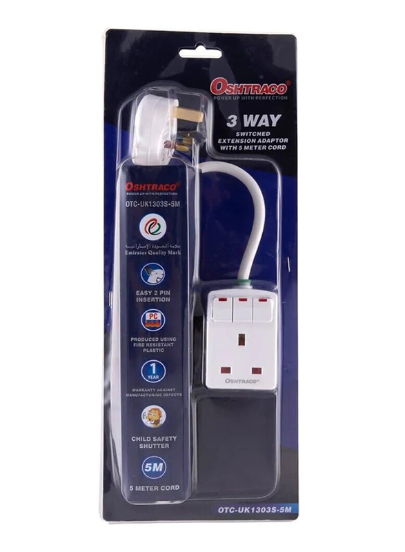 

Oshtraco UK Plug 3 Way Switched Extension Adapter with 5 Meter Cable, White