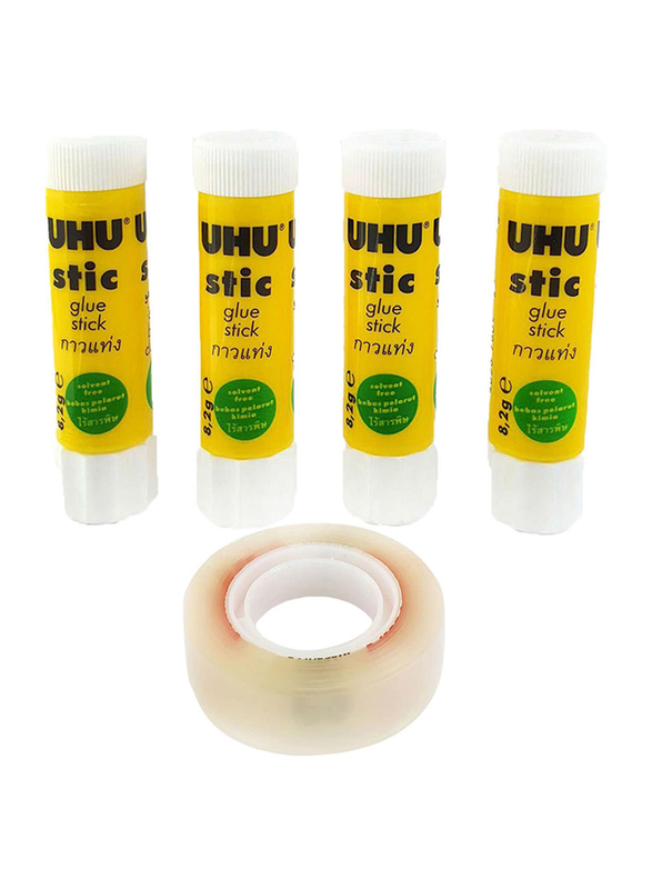 

UHU Glue Stick with Cello Tape Set, 4 Pieces x 8.2gm, Yellow/White
