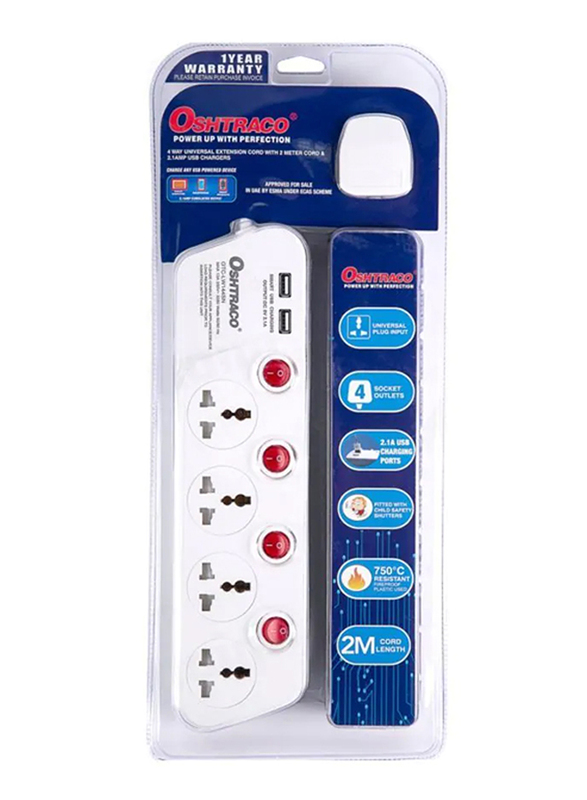 

Oshtraco 4-Way Cord Power Strip Extension Socket, with 2.1A USB Port, 2 Meter Cable, White
