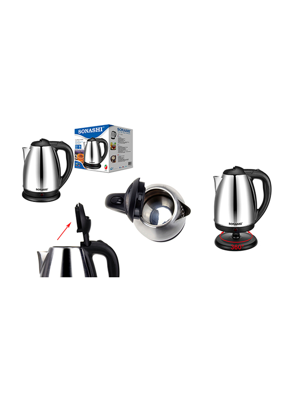 Sonashi 1.8L Electric Stainless Steel Cordless Kettle, 1850/2200W, SKT 1804, Silver/Black
