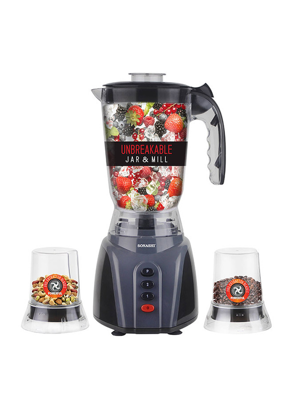 Sonashi 3 in 1 1.5L Electric Blender, with Unbreakable Jar and Mill, 300/350W, SB 145, Grey/Black
