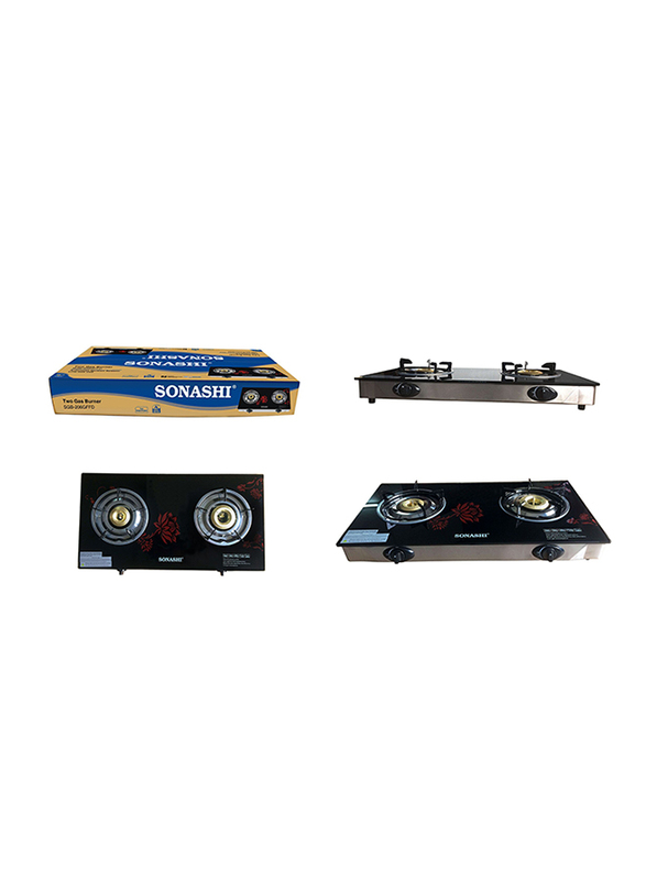 Sonashi Two Gas Cooktops Burner, with Automatic Ignition, with Floral Print Glass, SGB 206 GFFD, Black