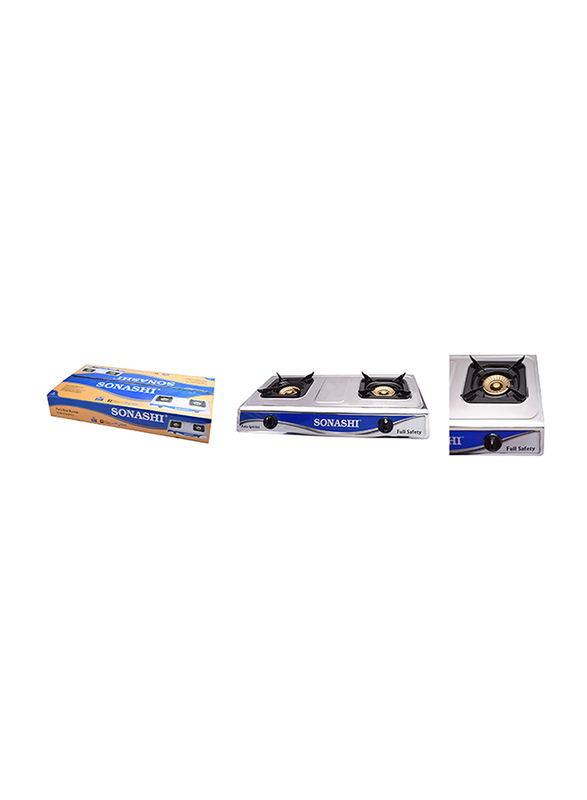 Sonashi Double Gas Cooktops Burner, with Automatic Ignition, with Stainless Steel Panel, SGB 203 SFFD, Silver