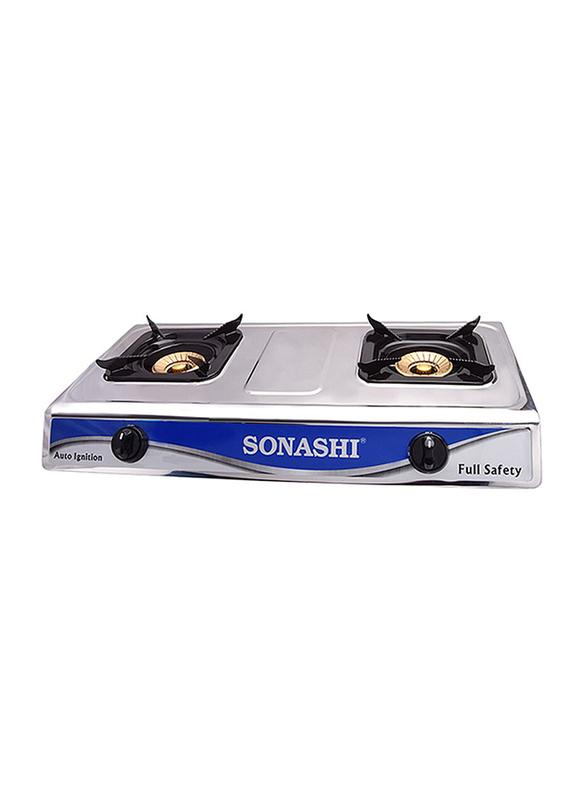 Sonashi Double Gas Cooktops Burner, with Automatic Ignition, with Stainless Steel Panel, SGB 203 SFFD, Silver