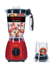 Sonashi 2 in 1 1.5L Electric Blender, with Unbreakable Jar and Mill, 300/350W, SB 144, Red