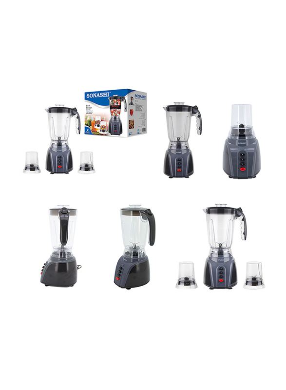 Sonashi 3 in 1 1.5L Electric Blender, with Unbreakable Jar and Mill, 300/350W, SB 145, Grey/Black