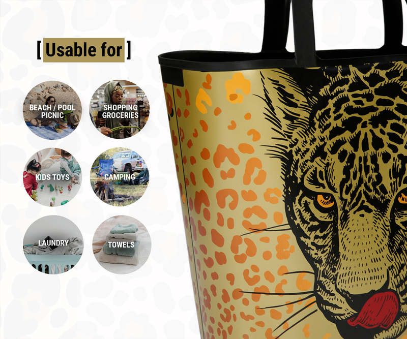 Kreher Leopard Beach Basket Shopping Bag, 27 Liter, XL, Black/Gold