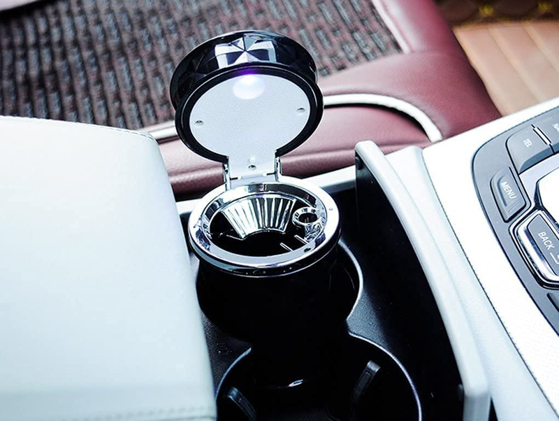 Cylinder Portable Cup Holder Auto Car Ashtray Smokeless Smoking Stand with Blue LED Light Lighter, Black
