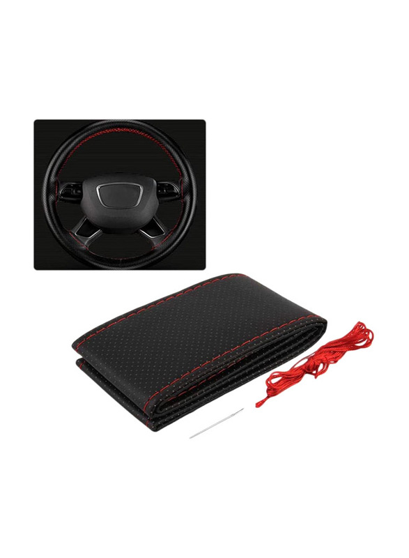 

Generic PU Leather Finish Hand Sewing with Needles and Red Thread Car Steering Wheel Cover, Black