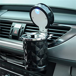 Cylinder Portable Cup Holder Auto Car Ashtray Smokeless Smoking Stand with Blue LED Light Lighter, Black