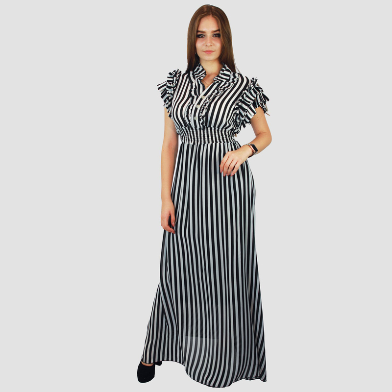 Kidwala V-Neck Short Sleeve Strips Designed Long Maxi Dress, Black