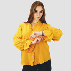 Kidwala Full Sleeve V-Neck Front Ruffled Button Up Blouse Top for Women, Medium Yellow