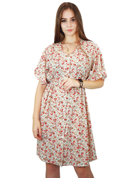 Kidwala V-Neck Short Sleeve Buttons Up Floral Print Short Dress, Medium, White/Red