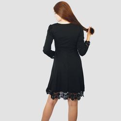 Kidwala V-Neck Long Sleeve Bottom Lace Plain Mini Dress, Large, Black