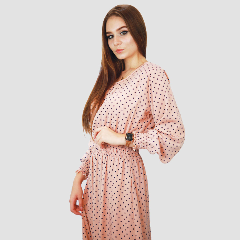 Kidwala Round Neck Long Sleeve Doted Pleated Long Maxi Dress, Large, Pink