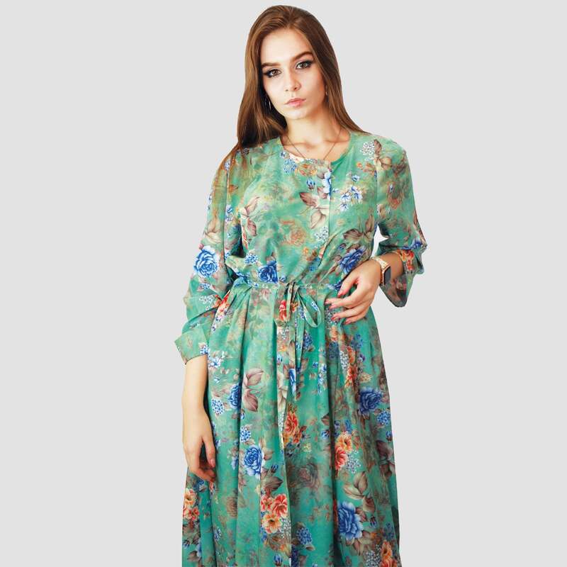 Kidwala 3/4 Three-Quarter Sleeve Long Floral Front Tie Knot Maxi Dress, One Size, Green