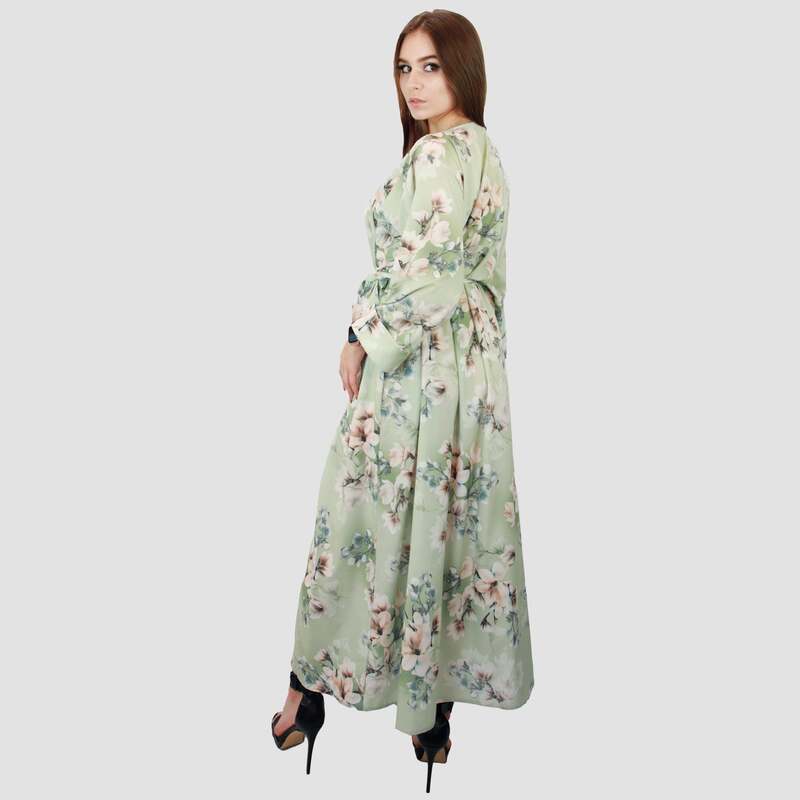 Kidwala 3/4 Three-Quarter Sleeve Long Floral Front Tie Knot Maxi Dress, One Size, Light Green