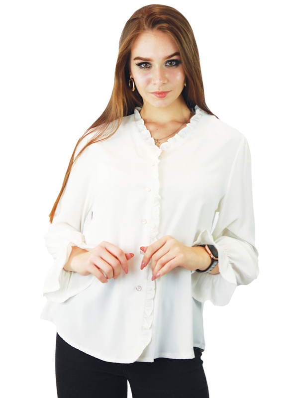Kidwala Full Sleeve V-Neck Front Ruffled Button Up Blouse Top for Women, Medium, White