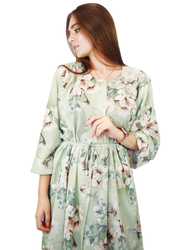 Kidwala 3/4 Three-Quarter Sleeve Long Floral Front Tie Knot Maxi Dress, One Size, Light Green